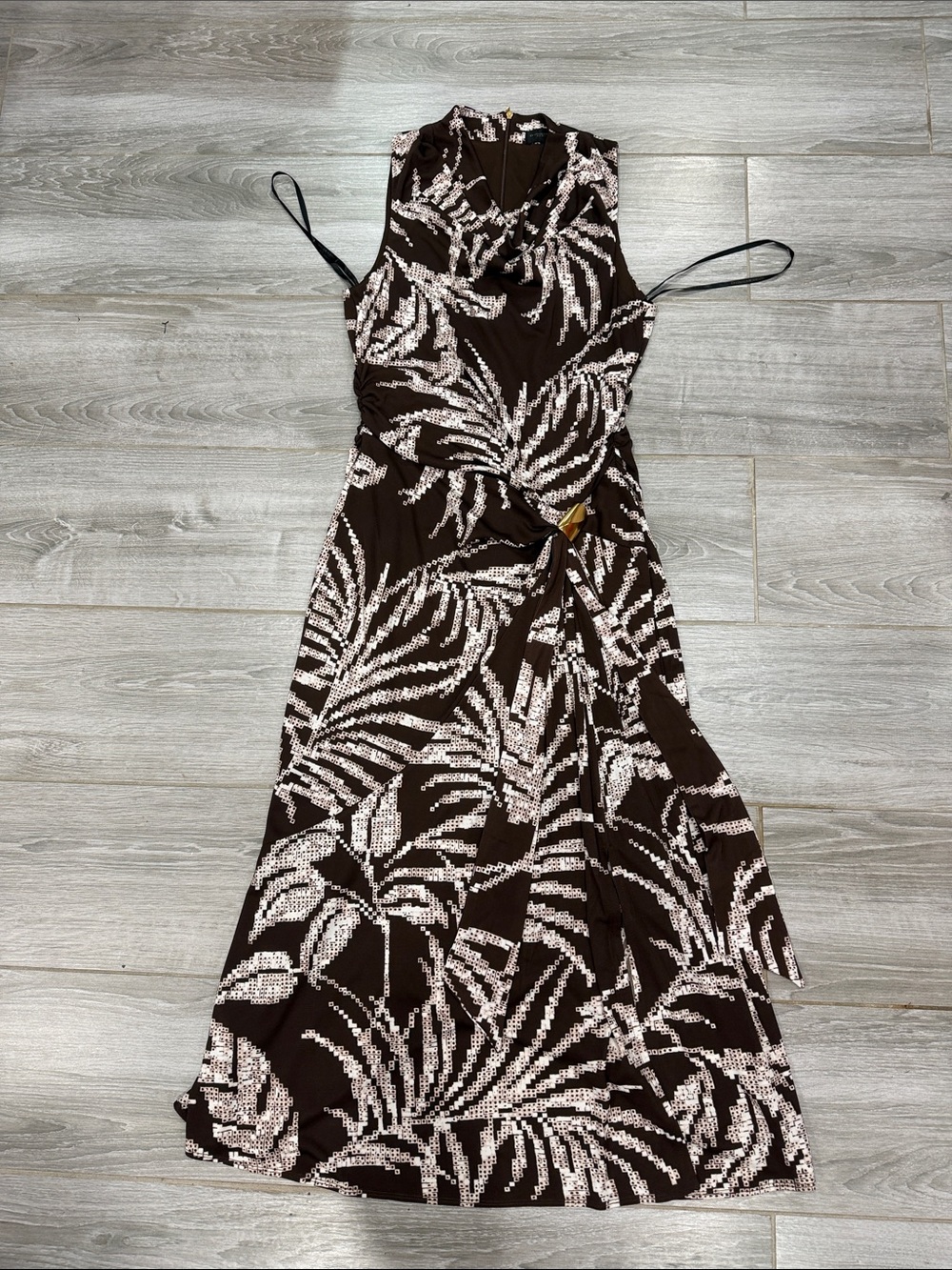 Donna Karan Brown and Cream Printed Wrap Midi Dress SP